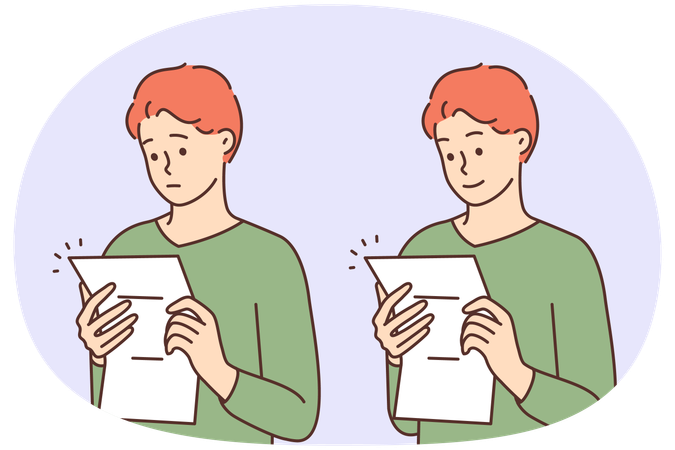Junger Mann liest gute und schlechte Nachrichten in Papierbrief  Illustration