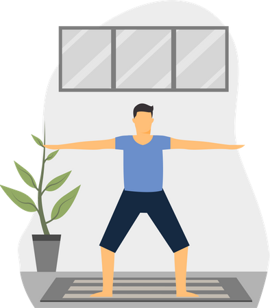 Junger Mann macht Trikonasana im Zimmer  Illustration