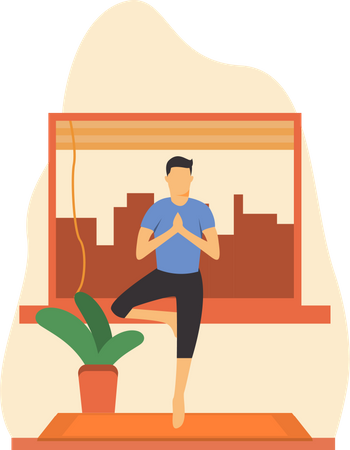 Junger Mann macht Vrikshasana Yoga im Zimmer  Illustration