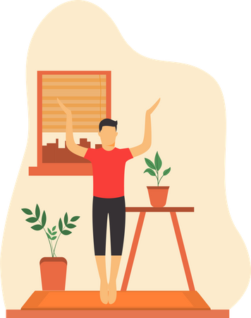 Junger Mann macht Yoga im Stehen zu Hause  Illustration