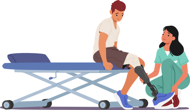 Junger Mann mit Beinprothese macht Reha  Illustration