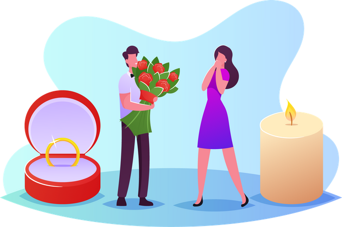 Junger Mann mit Blumenstrauß und Ring macht einer Frau einen Heiratsantrag  Illustration