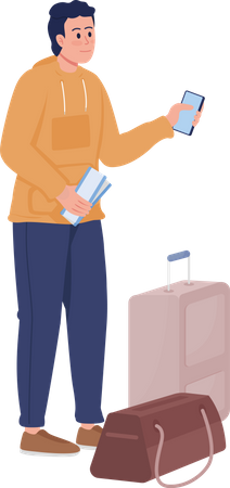 Junger Mann mit Gepäcktaschen und Flugticket  Illustration