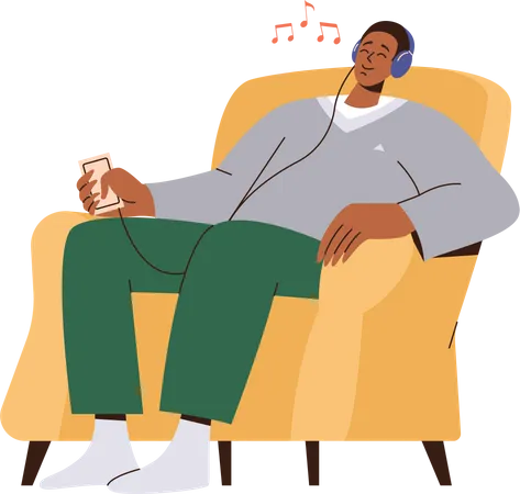 Junger Mann mit Kopfhörer sitzt auf Sessel und hört Musik  Illustration