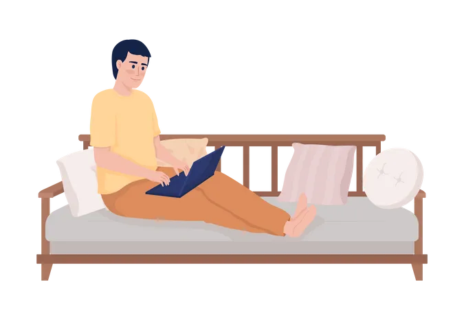 Junger Mann mit Laptop sitzt bequem auf der Couch  Illustration