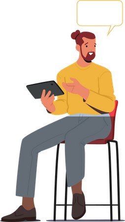 Junger Mann mit Tablet in der Hand sitzt auf Hochstuhl im Büro  Illustration