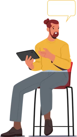 Junger Mann mit Tablet in der Hand sitzt auf Hochstuhl im Büro  Illustration