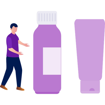 Junger Mann präsentiert Lotionflasche  Illustration