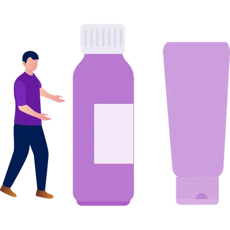 Junger Mann präsentiert Lotionflasche  Illustration