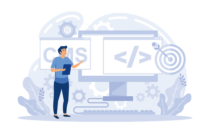 Junger Mann präsentiert Webprogrammierung  Illustration