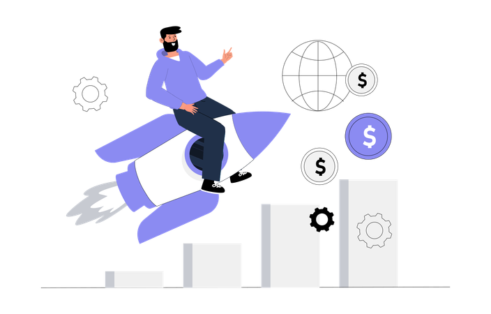 Junger Mann reitet auf Rakete und erzielt finanzielles Wachstum  Illustration
