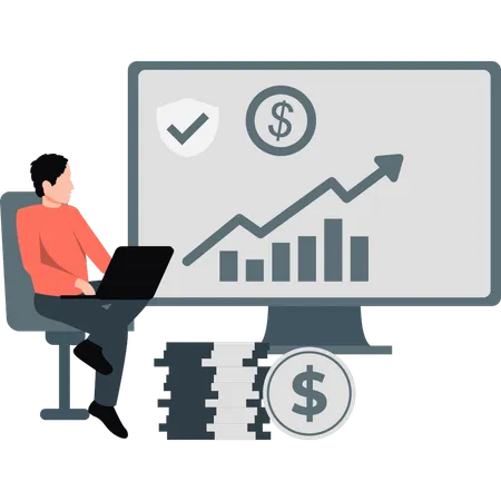 Junger Mann schaut sich Wachstumsdiagramm auf Monitor an  Illustration