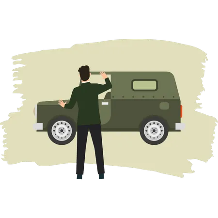 Junger Mann schaut sich Armee-Jeep an  Illustration