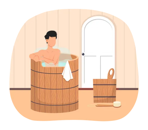 Junger Mann sitzt in Wanne und wäscht seinen Körper in der Sauna  Illustration