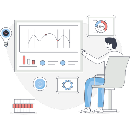 Junger Mann spricht über analytische Grafik  Illustration