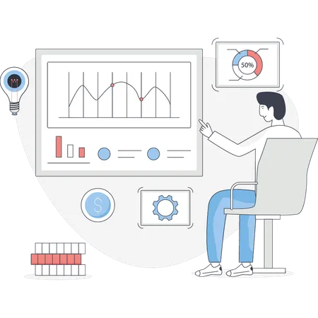 Junger Mann spricht über analytische Grafik  Illustration