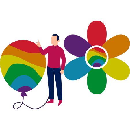 Junger Mann spricht über Heliumballons mit LGBT-Flagge  Illustration