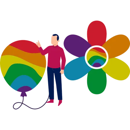 Junger Mann spricht über Heliumballons mit LGBT-Flagge  Illustration