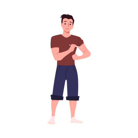 Junger Mann verabreicht sich selbst eine Injektion in den Arm  Illustration