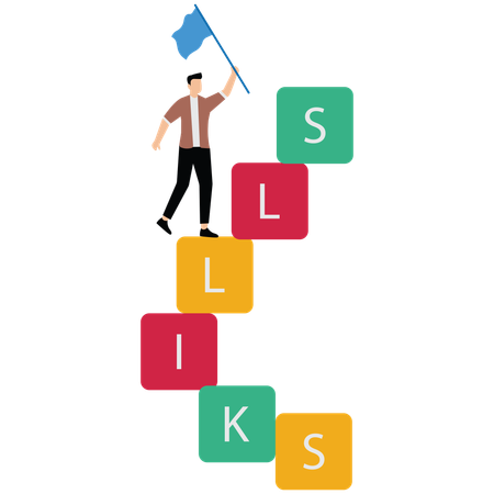 Junger Mann steht auf der Skills-Box, um Wissen und Kompetenz für die berufliche Weiterentwicklung zu erwerben  Illustration