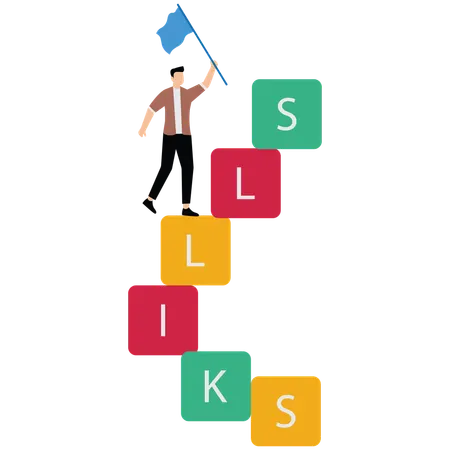 Junger Mann steht auf der Skills-Box, um Wissen und Kompetenz für die berufliche Weiterentwicklung zu erwerben  Illustration