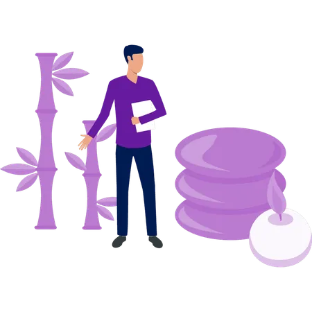 Junger Mann steht in der Nähe von Spa-Stein  Illustration