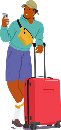 Junger Mann steht mit Koffer und Telefon in den Händen  Illustration