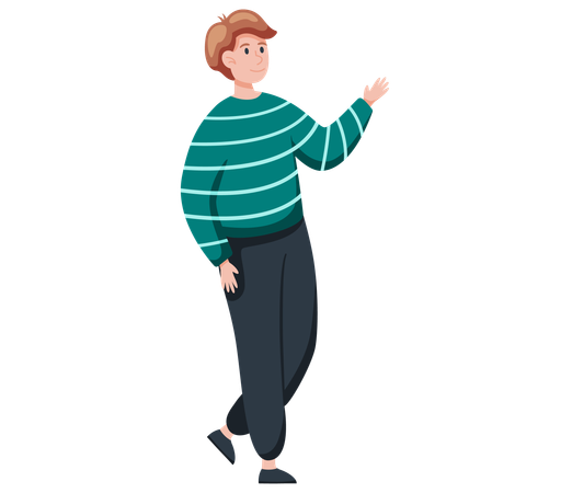 Junger Mann steht und zeigt mit der Hand auf etwas  Illustration