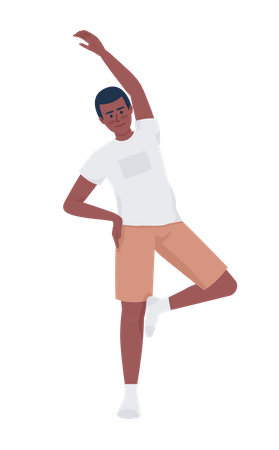Junger Mann streckt den Arm und steht auf einem Bein  Illustration