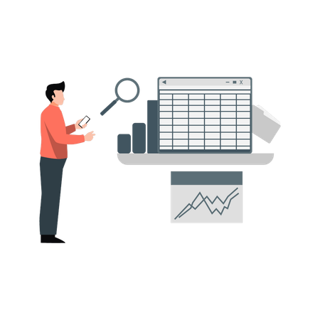 Junger Mann sucht Balkendiagramm  Illustration