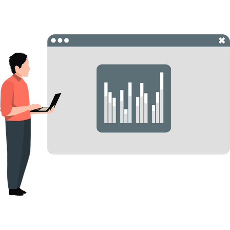 Junger Mann schaut sich das Diagramm zum Unternehmenswachstum an  Illustration