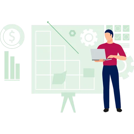 Junger Mann überprüft Geschäftsdiagramm auf Laptop  Illustration