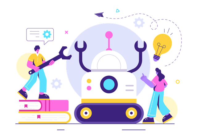 Junger Mann und Frau bekommen Roboter-Idee  Illustration