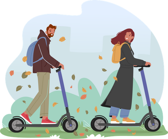 Junger Mann und Frau fahren am Herbsttag Elektroroller im Stadtpark  Illustration