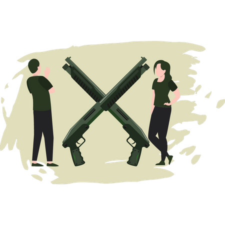 Junger Mann und Frau betrachten Waffen  Illustration