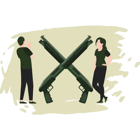 Junger Mann und Frau betrachten Waffen  Illustration