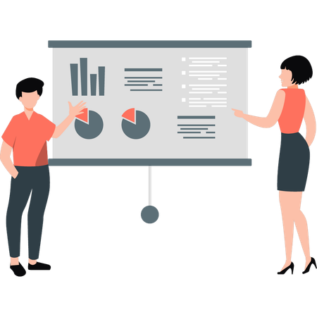 Junger Mann und Mädchen diskutieren Kreisdiagramme  Illustration