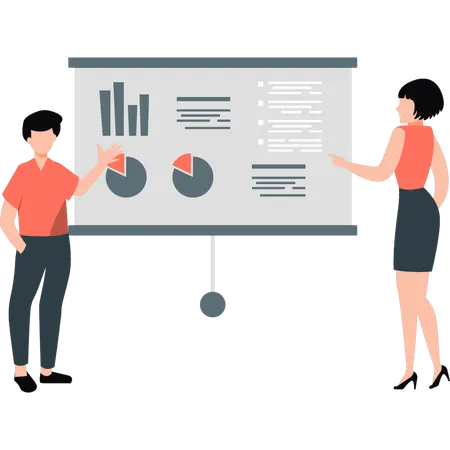 Junger Mann und Mädchen diskutieren Kreisdiagramme  Illustration