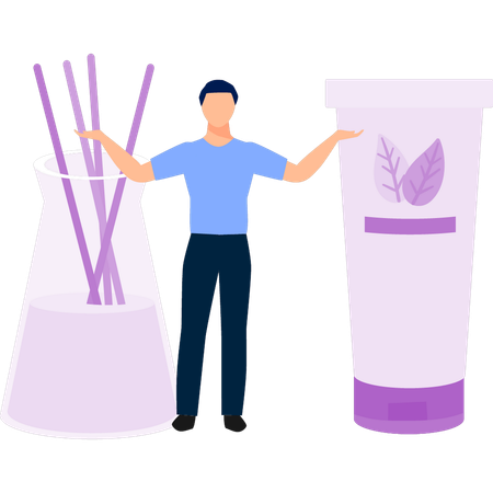 Junger Mann verwendet verschiedene Cremeflaschen  Illustration
