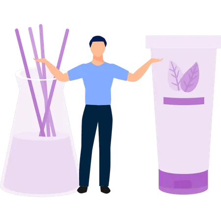 Junger Mann verwendet verschiedene Cremeflaschen  Illustration