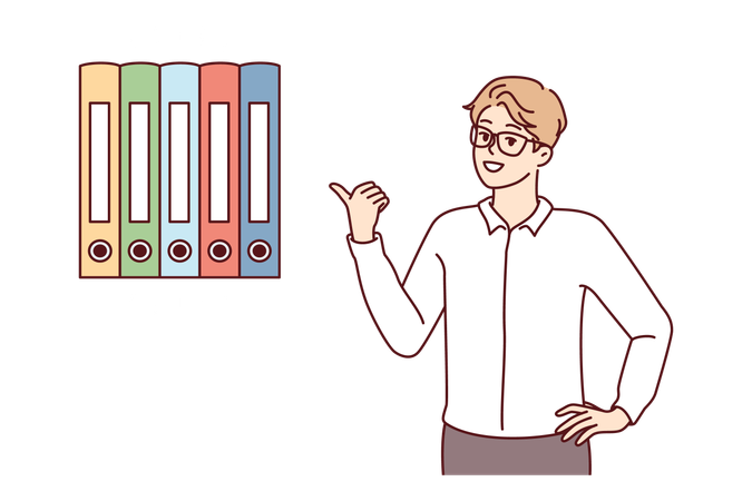 Junger Mann zeigt Box-Dateien  Illustration