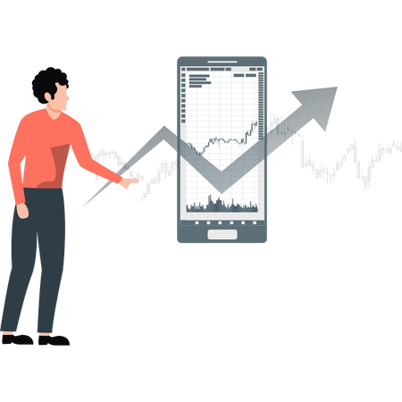 Junger Mann zeigt auf dem Handy auf das Diagramm zum Wachstum  Illustration