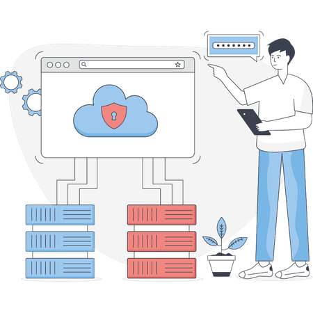 Junger Mann zeigt Cloud-Networking  Illustration