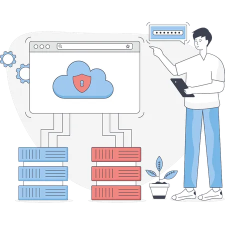 Junger Mann zeigt Cloud-Networking  Illustration