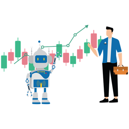 Junger Mann zeigt KI für automatisierten Handel an der Börse  Illustration