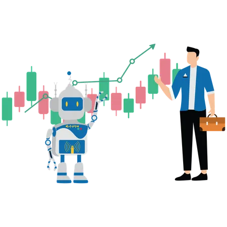 Junger Mann zeigt KI für automatisierten Handel an der Börse  Illustration