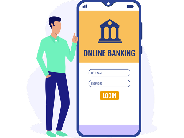 Junger Mann zeigt Online-Banking  Illustration