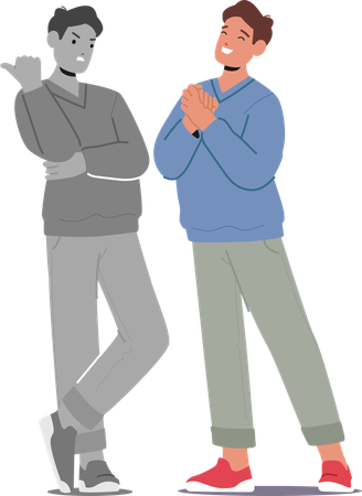 Junger Mann zeigt positive Dankbarkeit Emotionen verbergen Abneigung Gefühle  Illustration
