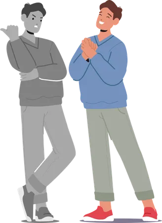 Junger Mann zeigt positive Dankbarkeit Emotionen verbergen Abneigung Gefühle  Illustration