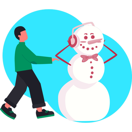 Junger Mann zeigt Schneemann, wo er Musik hört  Illustration